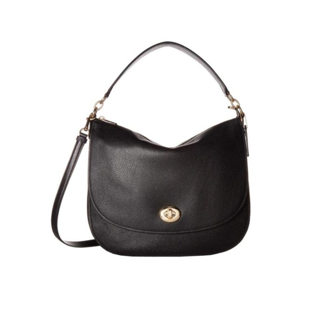 Coach Purse Black Leather Gold Turn Lock Flap Hobo Shoulder Crossbody Handbag